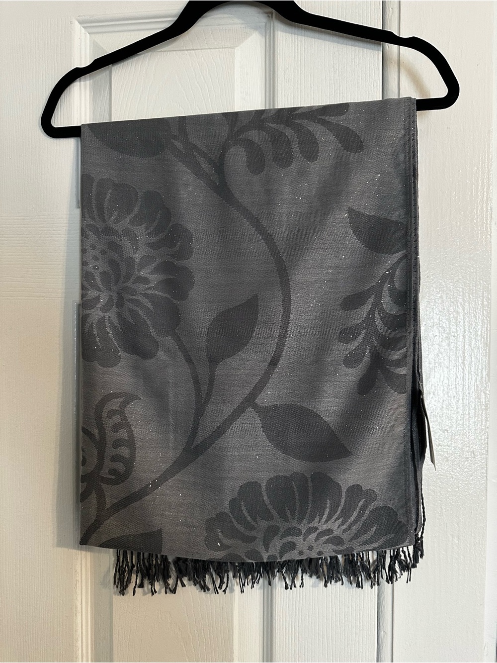 Gray Floral Fringe Scarf - Unbranded